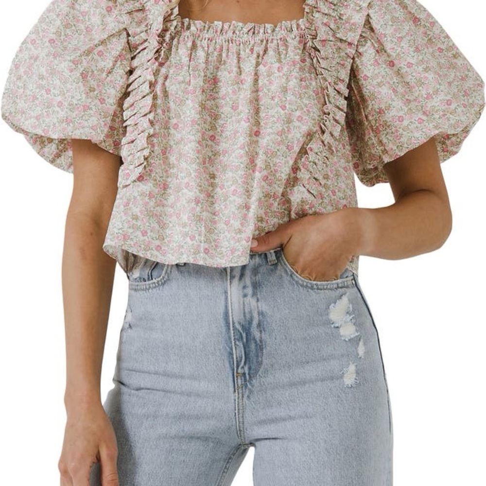 English Factory Pink Floral Ruffle Puff Sleeve Blouse